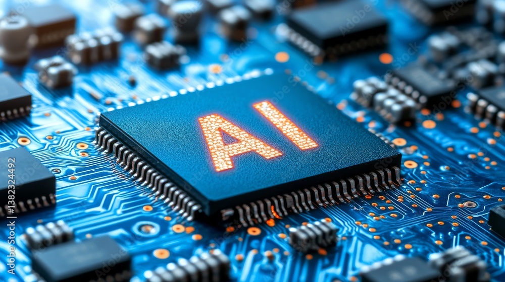 Poster a processor that incorporates artificial intelligence, with ai markings on the chip, is connected to