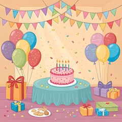  A modern, aesthetic birthday setup with pastel-colored balloons, party hats, confetti, and a rainbow-inspired background.