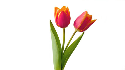Fototapeta premium Two pink and orange tulips on green stems
