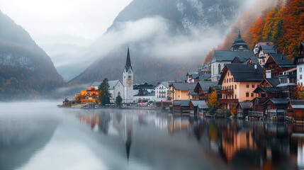 Fototapeta premium Nature and landscapes in mountains, forests, lakes, , and other natural beauties, Autumn Fog Envelops a Tranquil Mountain Lake, A serene lakeside cabin nestled among towering pine trees background.