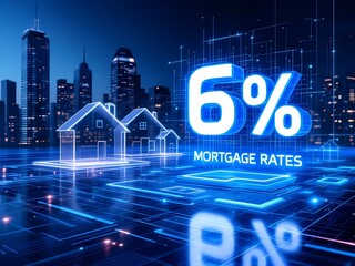 6% Mortgage Rate in Futuristic Cityscape with Digital Home Design