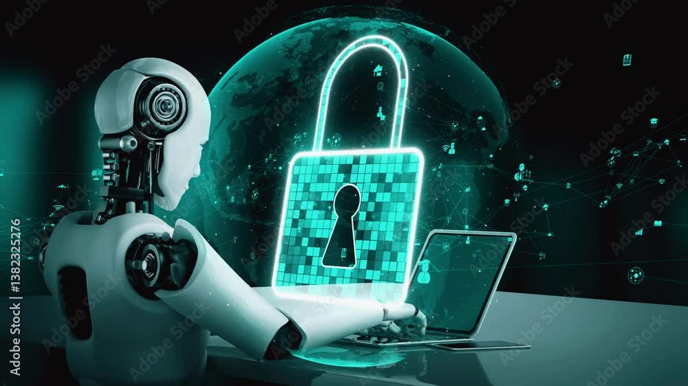 Poster ai robot huminoid uses cloud computing technology to store data on online server . futuristic concep