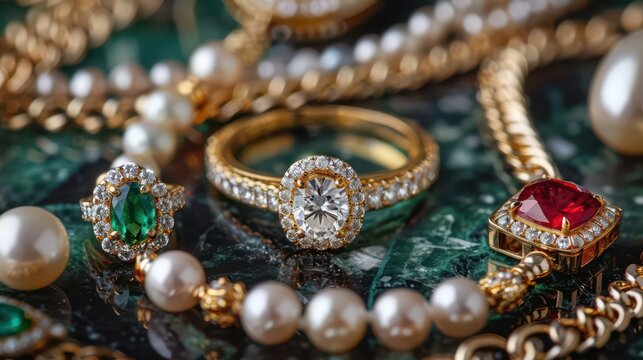 A collection of luxurious jewelry featuring rings, necklaces, and pearls on a decorative surface.