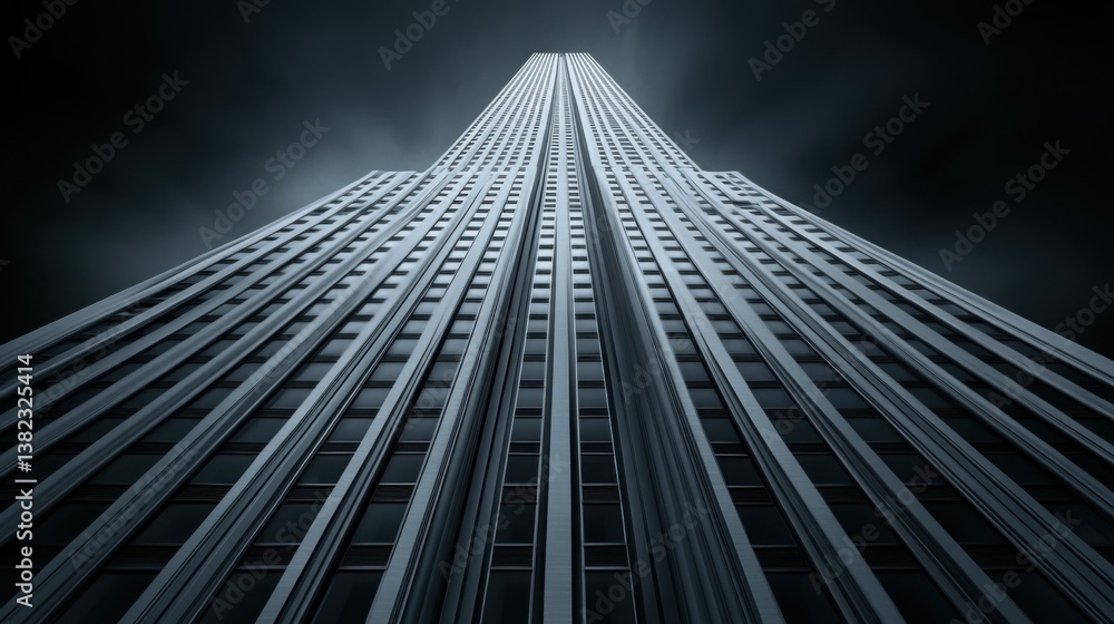 Poster a black and white architectural photograph of a towering skyscraper with sharp lines and deep shadow
