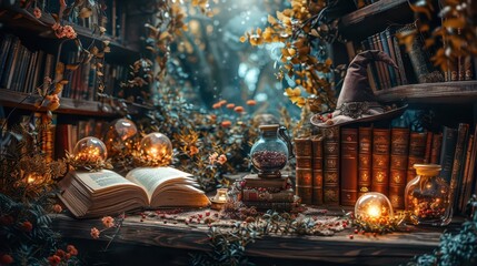 A mystical library scene with glowing orbs, books, and a wizard hat, evoking enchantment.