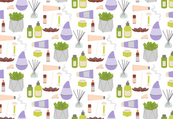 Vector illustration featuring a seamless pattern of wellness items including essential oils, diffusers, succulents, and incense sticks, promoting relaxation and aromatherapy.