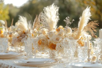 An elegant outdoor wedding reception showcasing breathtaking cream and gold floral arrangements, featuring pampas grass and delicate crystal glassware bathed in soft sunlight.