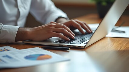Close-Up of Hands Typing on Laptop with Financial Charts (No Person Visible)