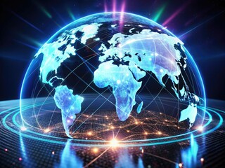 Fototapeta premium AI Holographic World Map: Futuristic Global Monitoring System - Minimalist 3D Data Visualization
