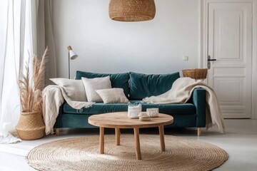 Serene living room, a deep teal velvet sofa draped with a cozy cream throw, inviting natural light and warm tones, complemented by woven textures and pampas grass.