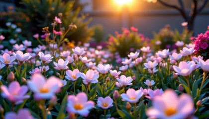 Obraz premium An enchanting garden filled with luminescent flowers, glowing gently in the soft light of dawn.