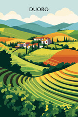 Naklejka premium Duoro Region, Portugal illustrated poster in retro style. Vintage travel booklet, brochure, postcard, print, cover with valley, hills