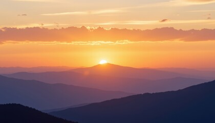 Obraz premium A tranquil sunset over a mountain range, where the sky is ablaze with soft, pastel colors and sparkling light effects.