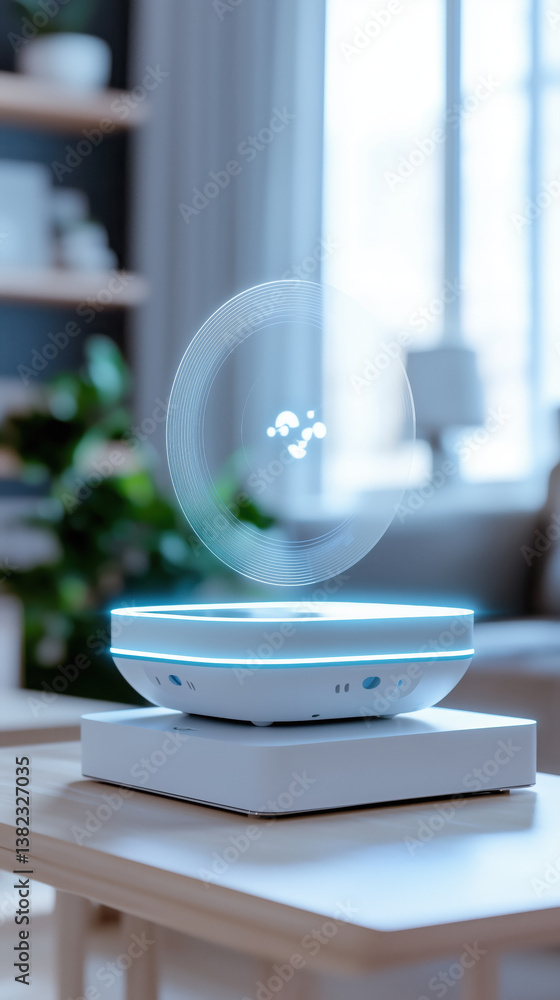 Poster futuristic ai assistant hologram displayed on sleek device in modern home setting
