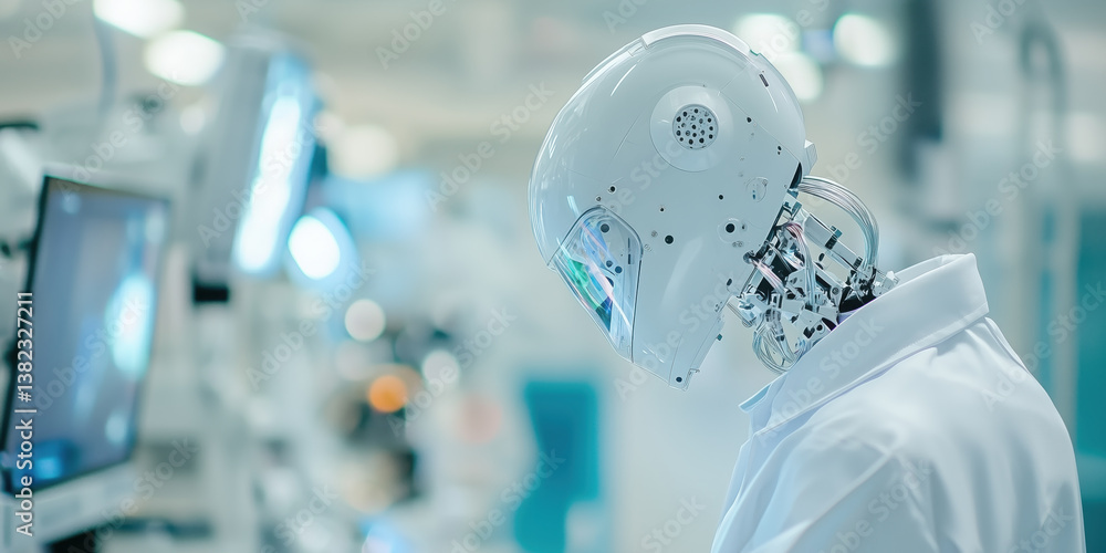 Poster humanoid robot in lab coat working in futuristic laboratory environment