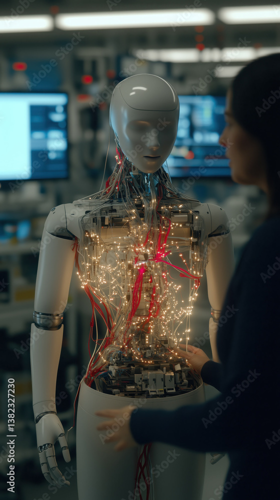 Poster humanoid robot with illuminated internal system being examined in futuristic lab