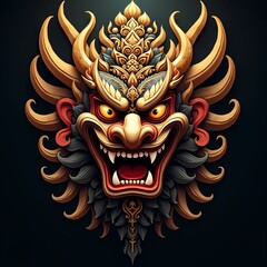 Fototapeta premium the iconic Barong mask from Balinese mythology, emphasizing its ornate details and symbolic elements