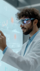 scientist wearing augmented reality glasses interacts with futuristic digital interface