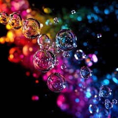 Naklejka premium Vibrant Rainbow Bubbles Floating in Dark Background