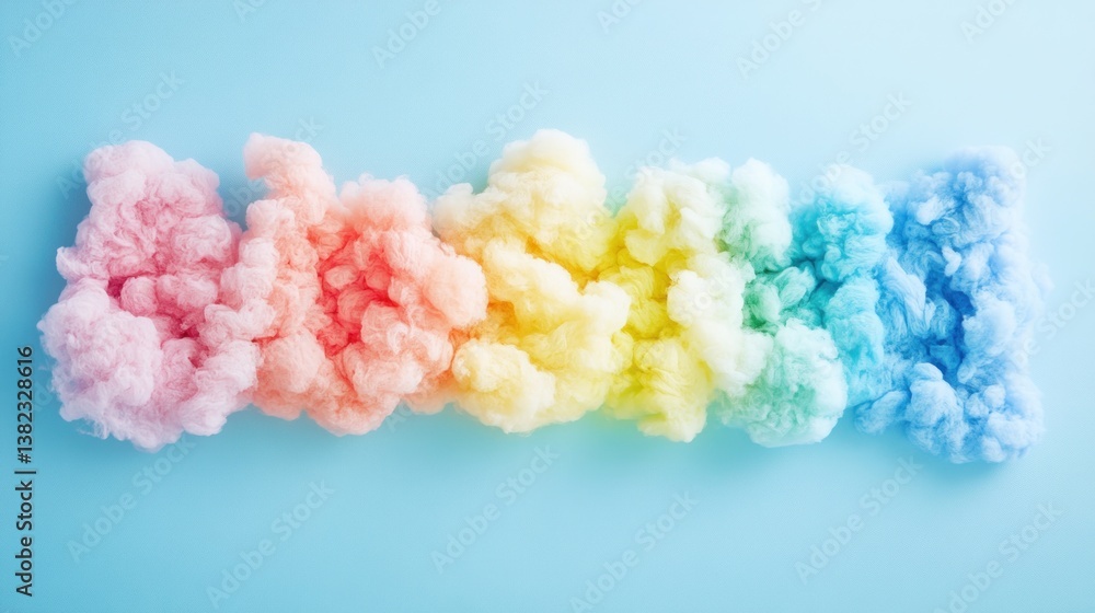 Poster rainbow-colored fluffy clouds arranged in a row on a light blue background.