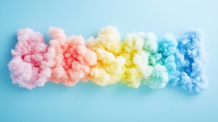 Fototapeta premium Rainbow-colored fluffy clouds arranged in a row on a light blue background.
