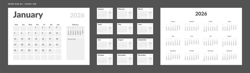 2026 Calendar Planner Set of Template Monthly Page, Annual 2027. Vector layout grid of wall or desk calendar with week start Monday in in monochrome color. Page A4-21x29.7 cm for print