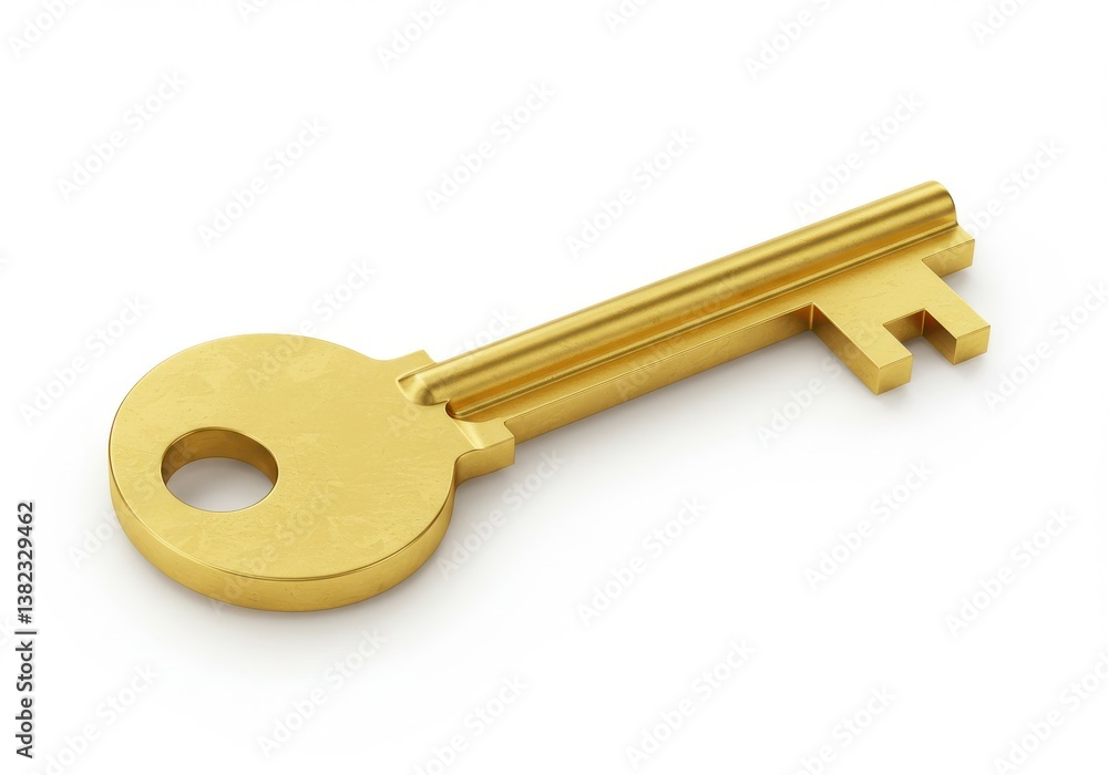 Poster a single gold key lying on a white surface with a simple round head and a standard key shape cut