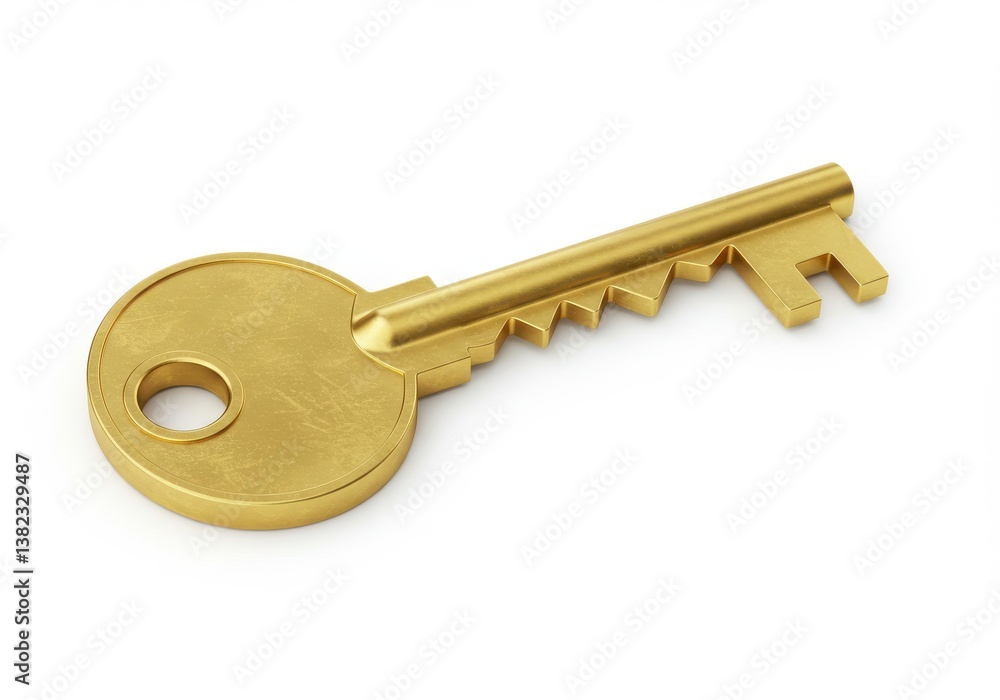 Poster a single golden key lying on a white surface with a distinctive shape and bright illumination
