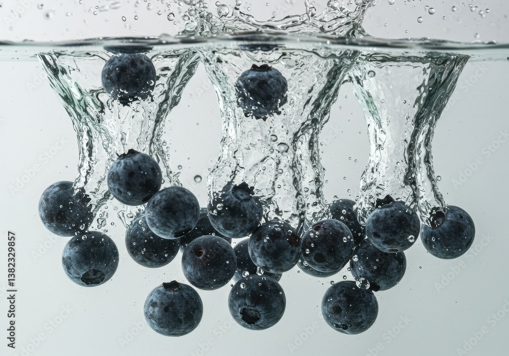 Poster blueberries splashing into water creating a splash and bubbles on a light background in studio shot
