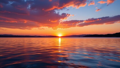 Obraz premium A serene sunset over a lake, where the surface reflects a spectrum of colors and light, creating an abstract background.