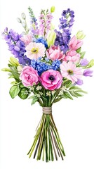 Hand-painted watercolor of a classic tied flower bouquet in soft spring tones with tulips, ranunculus, and lavender.