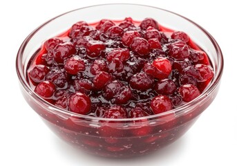 A clear glass bowl filled with a shiny red cranberry sauce on a white background in a studio shot