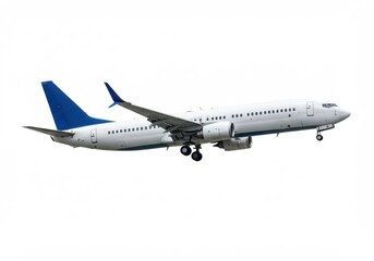 A white airplane with blue tail and wings on a bright white background in a side view shot