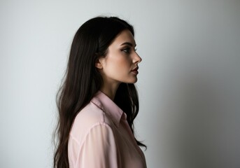 Naklejka premium Profile shot of a woman with long dark hair wearing a pink shirt against a white background wall studio