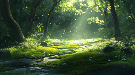Sunlit mossy trail in forest