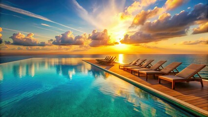 Luxury Infinity Pool Ocean View: Relaxing Lounge Chairs, Breathtaking Seascape, Tropical Paradise, Resort, Vacation
