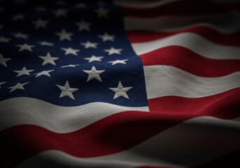Close up of a waving american flag with stars and stripes in a darkened patriotic setting