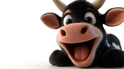 3d cartoon, cow, on white background studio photo style, clean and clear