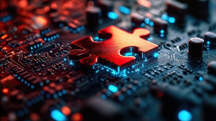 Fototapeta premium A red metallic puzzle piece lies on a circuit board, illuminated with blue and red lights