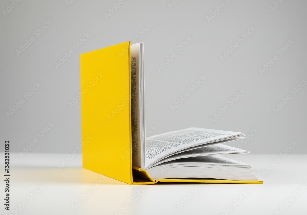 Poster a yellow book standing open with pages visible on a white surface against a gray background plain st