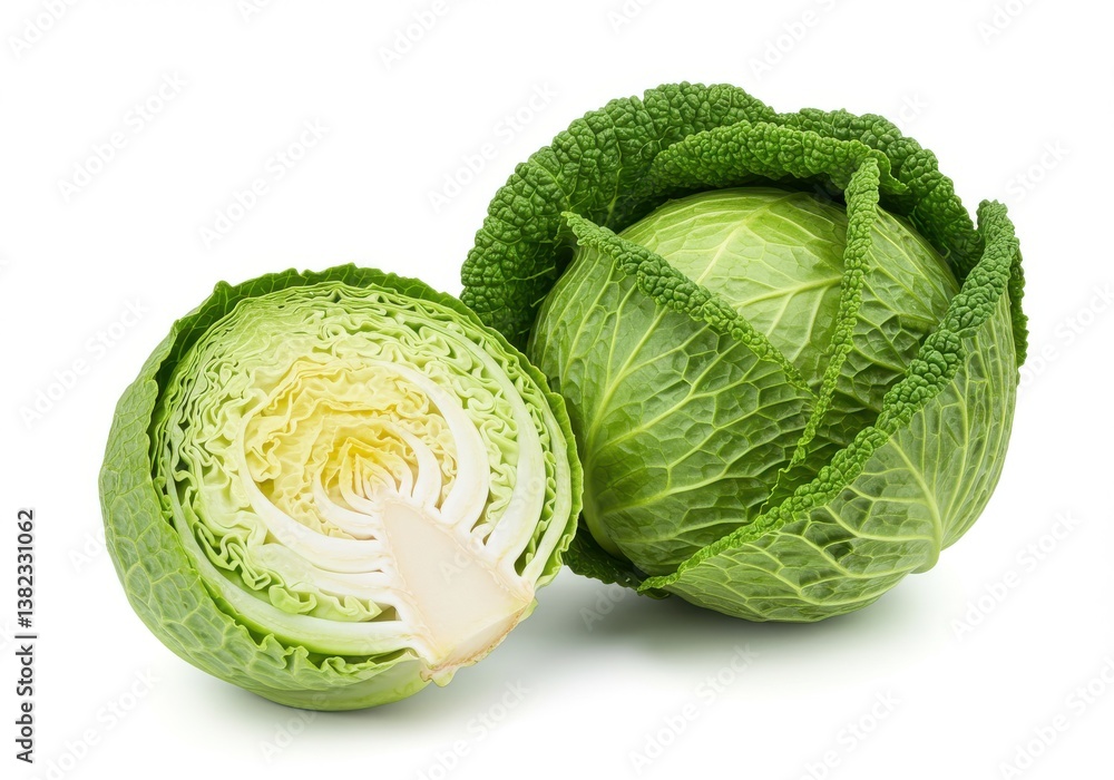 Poster a savoy cabbage with one half cut open showing the inside layers on a white background surface view