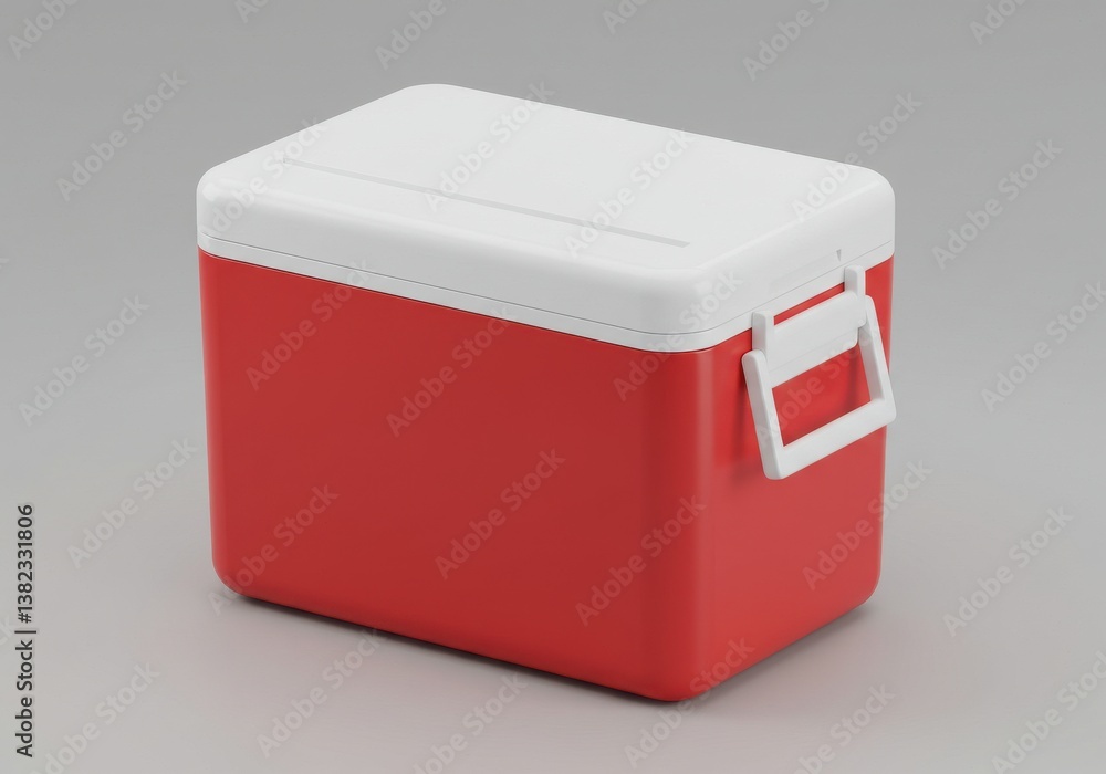 Poster a red cooler with a white lid and handle sitting on a gray surface in a studio setting