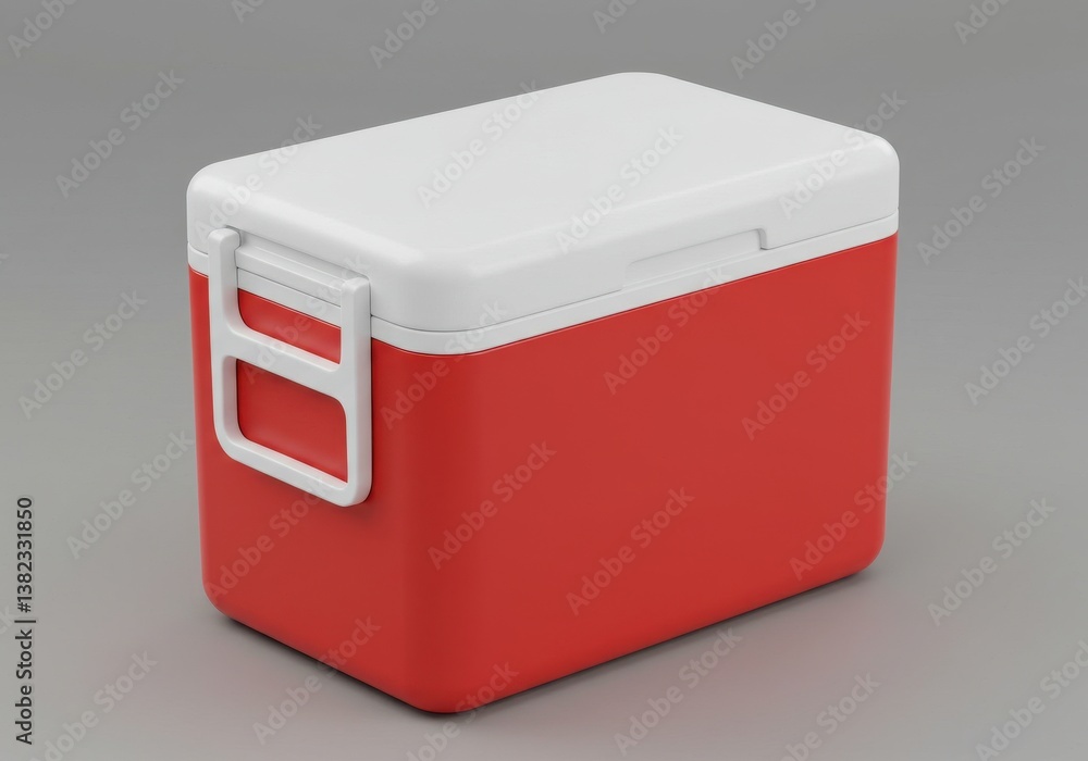 Poster a red and white cooler box with a handle sitting on a gray surface in studio lighting setting