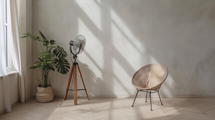 Sunlight Illuminates Minimalist Interior with Fan, Chair, and Plant