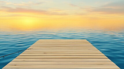 Fototapeta premium A wooden dock extending into a peaceful lake, with a fishing rod propped up and the golden sunset reflecting beautifully on the water