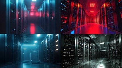 Four server room scenes with vibrant lighting.