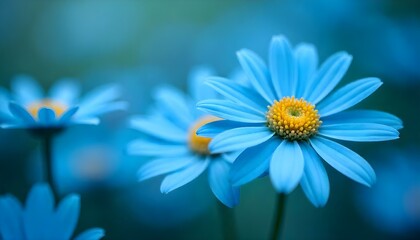 Close-up photograph of several blue daisy flowers with yellow centers, captured with a macro lens to highlight the intricate details of the petals and stamen