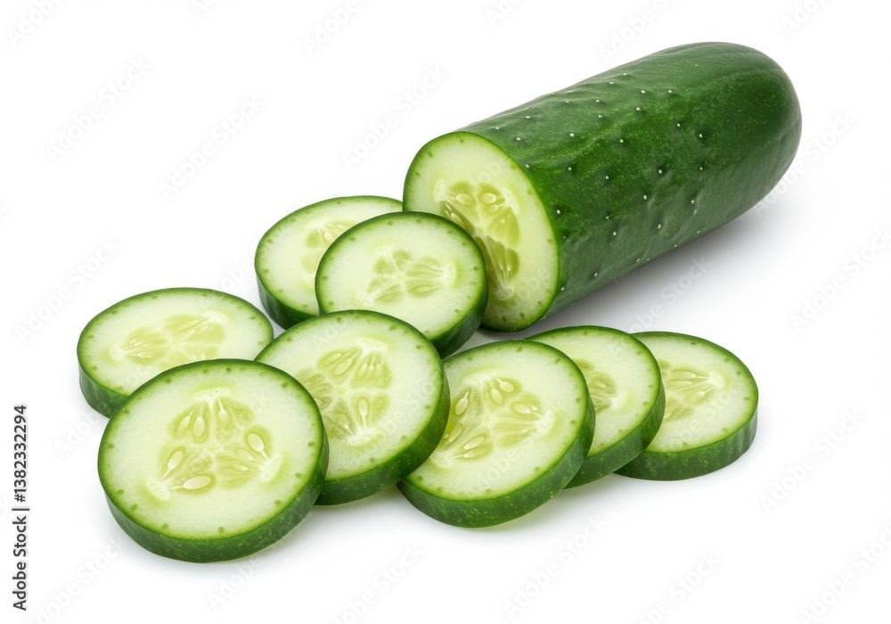 Aufkleber a fresh cucumber with several slices arranged on a white surface in a studio setting for photography