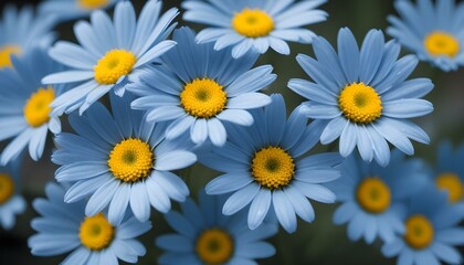 Fototapeta premium Close-up photograph of several blue daisy flowers with yellow centers, captured with a macro lens to highlight the intricate details of the petals and stamen