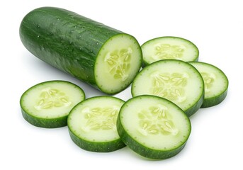 A fresh cucumber with several slices arranged on a white surface in a studio shot close up view